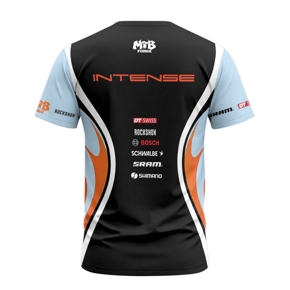 Intense Light Blue Orange Short Sleeve Mountain Bike Jersey - back view mockup