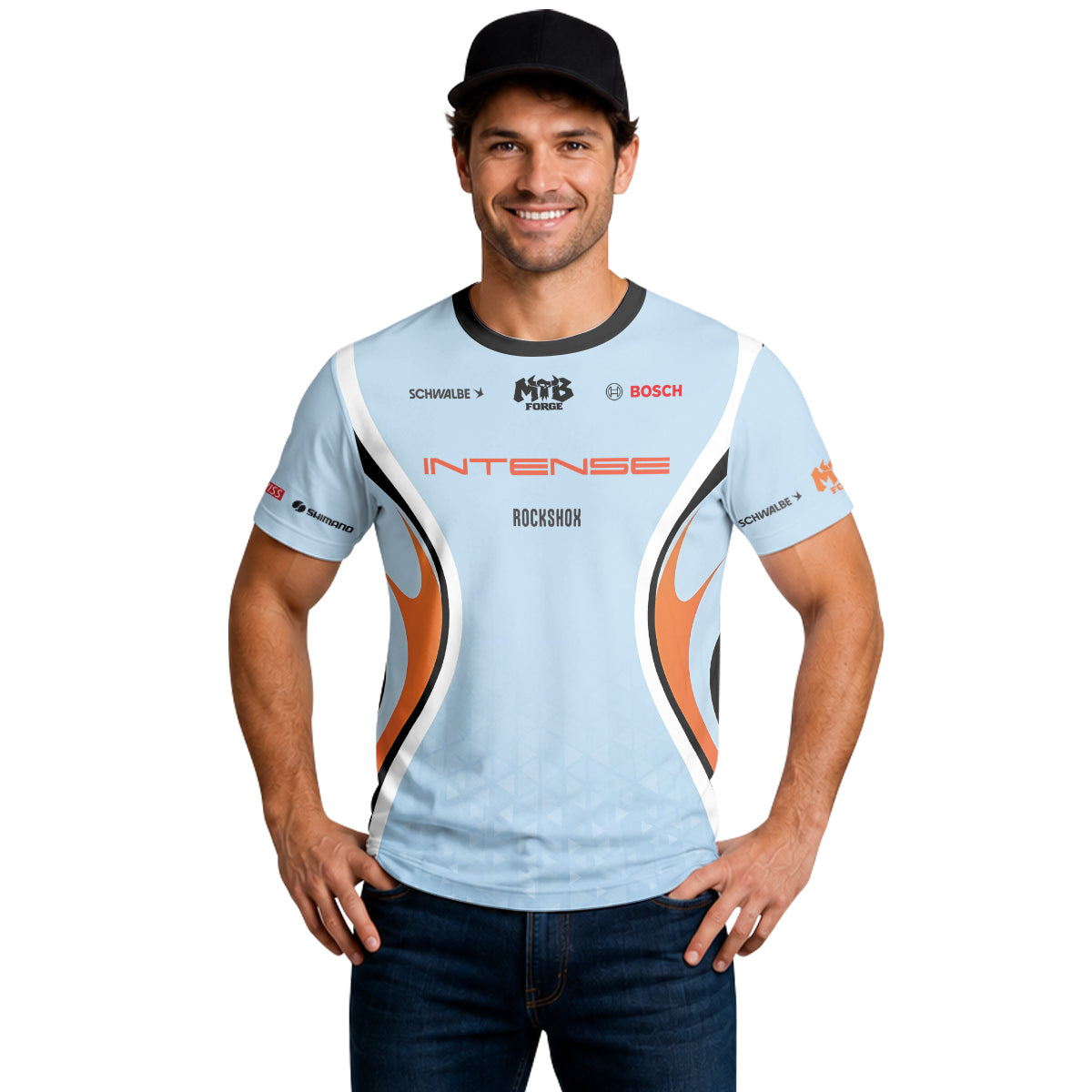 Intense Light Blue Orange Short Sleeve Mountain Bike Jersey - lifestyle view