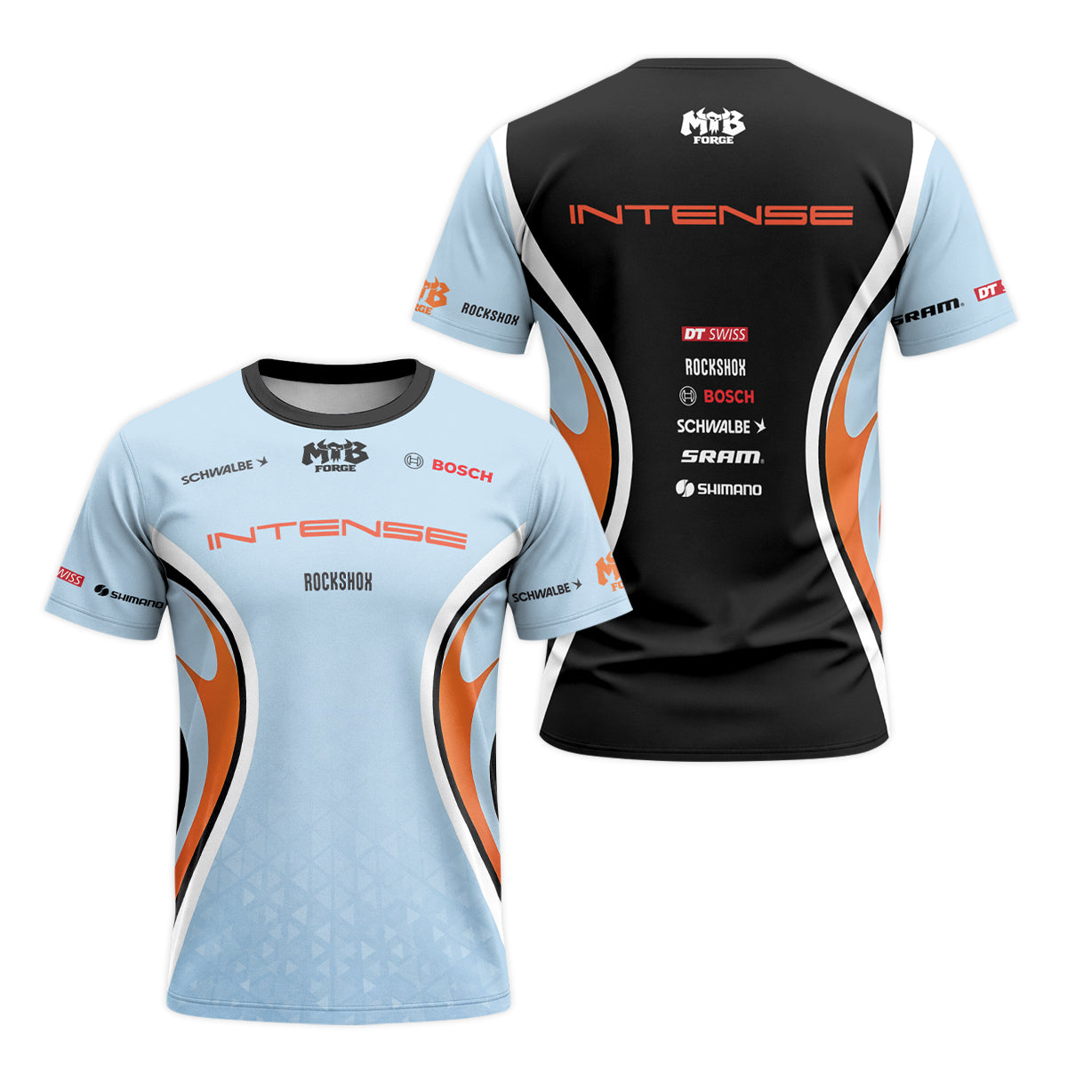 Intense Light Blue Orange Short Sleeve Mountain Bike Jersey - front and back view