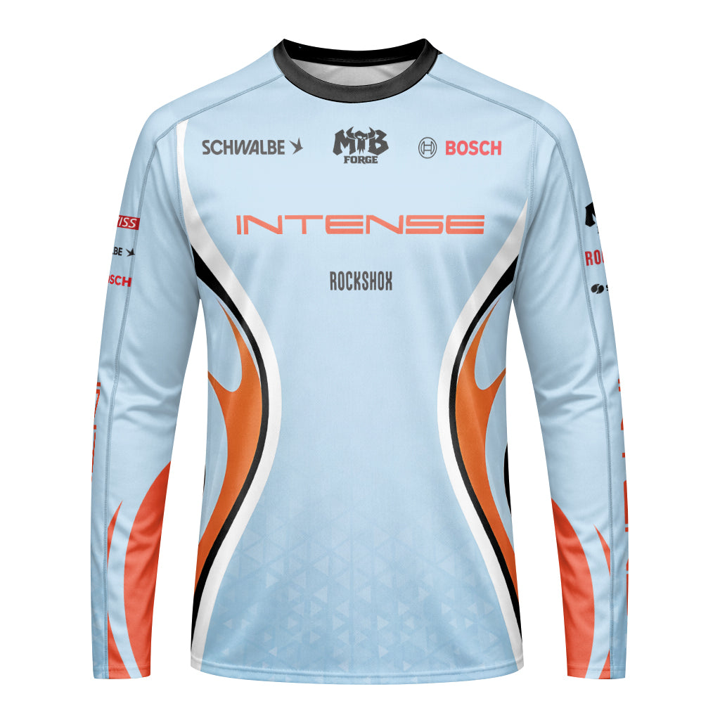 Intense Light Blue Orange Youth Long Sleeve Mountain Bike Jersey – Front View Mockup