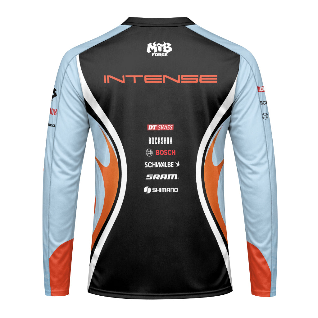 Intense Light Blue Orange Youth Long Sleeve Mountain Bike Jersey – Back View Mockup