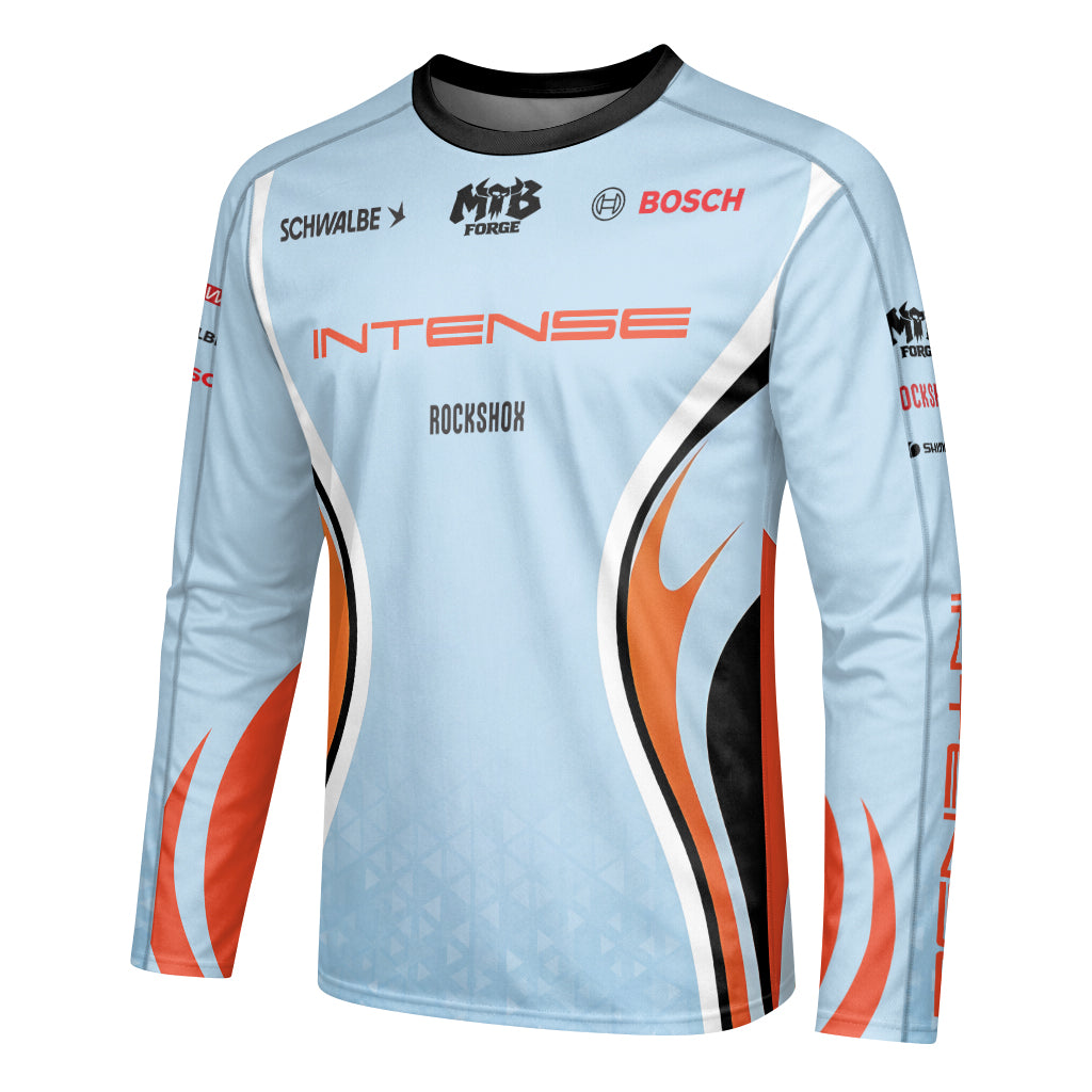 Intense Light Blue Orange Youth Long Sleeve Mountain Bike Jersey – Left Side View Mockup