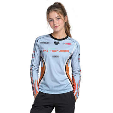 Intense Light Blue Orange Youth Long Sleeve Mountain Bike Jersey – Girl Lifestyle View
