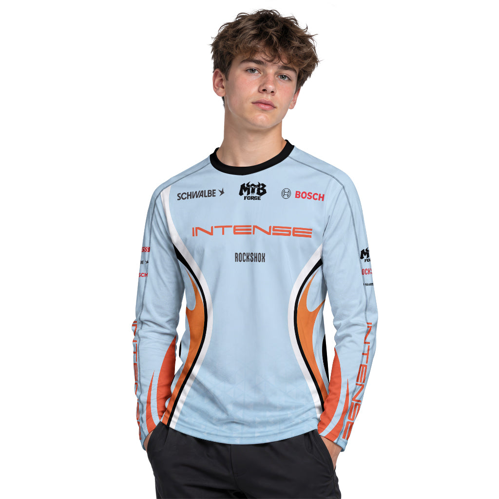 Intense Light Blue Orange Youth Long Sleeve Mountain Bike Jersey – Boy Lifestyle View