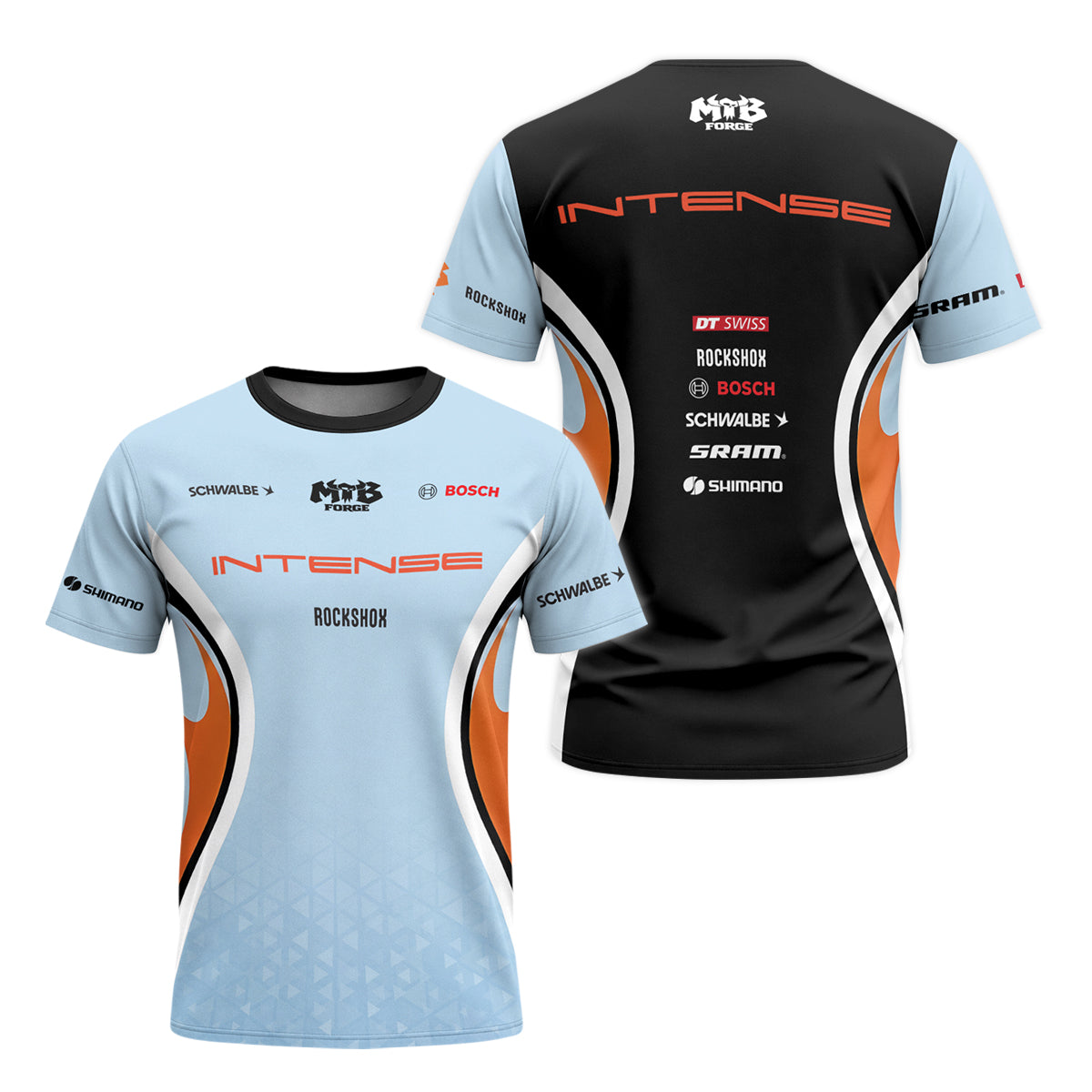 Intense Light Blue Orange Youth Short Sleeve Mountain Bike Jersey – Front and Back View