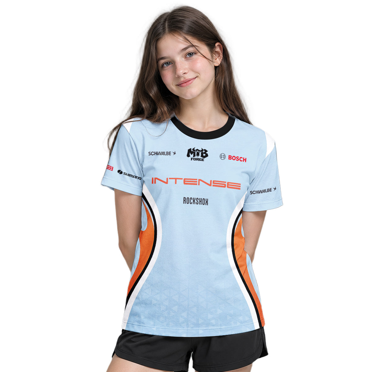 Intense Light Blue Orange Youth Short Sleeve Mountain Bike Jersey – Girl Lifestyle View