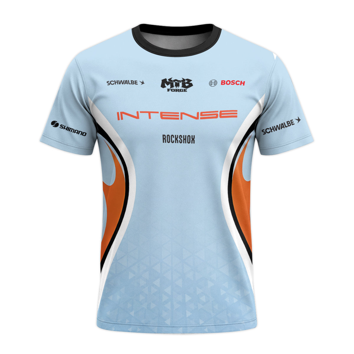 Intense Light Blue Orange Youth Short Sleeve Mountain Bike Jersey – Front View Mockup