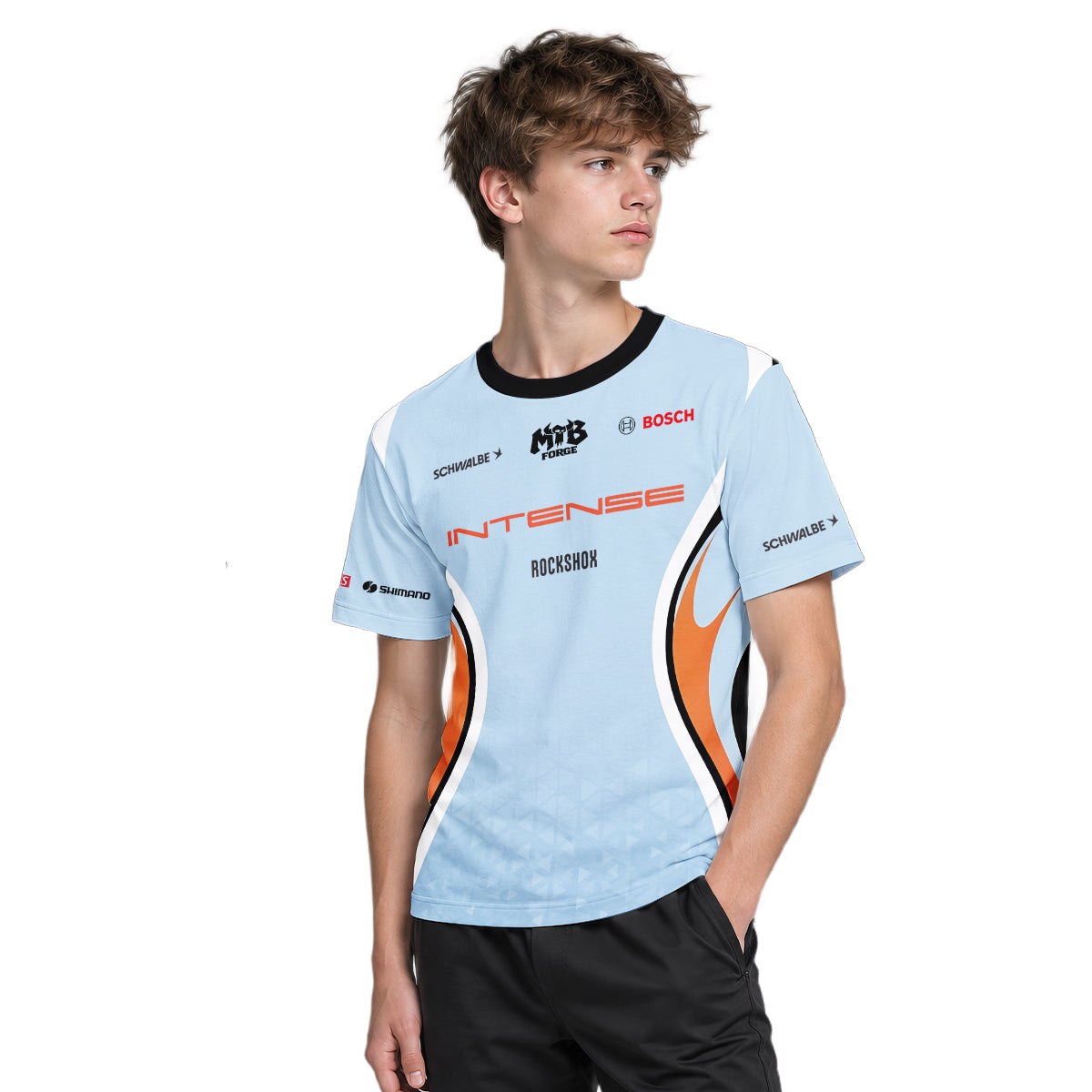Intense Light Blue Orange Youth Short Sleeve Mountain Bike Jersey – Boy Lifestyle View