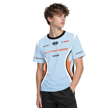 Intense Light Blue Orange Youth Short Sleeve Mountain Bike Jersey – Boy Lifestyle View