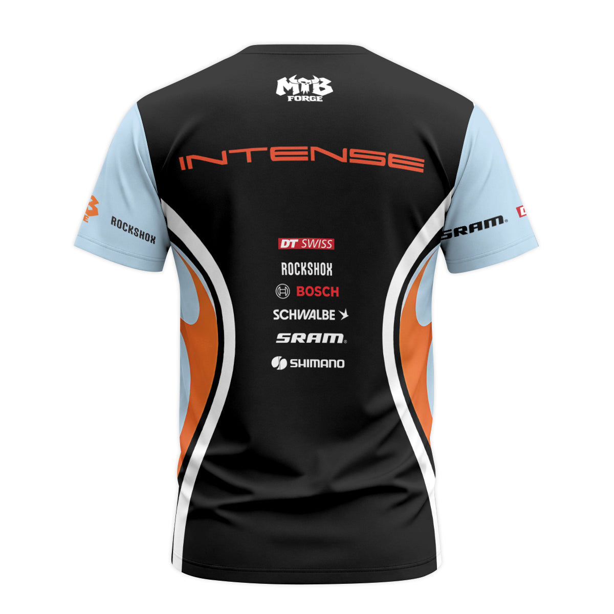 Intense Light Blue Orange Youth Short Sleeve Mountain Bike Jersey – Back View Mockup