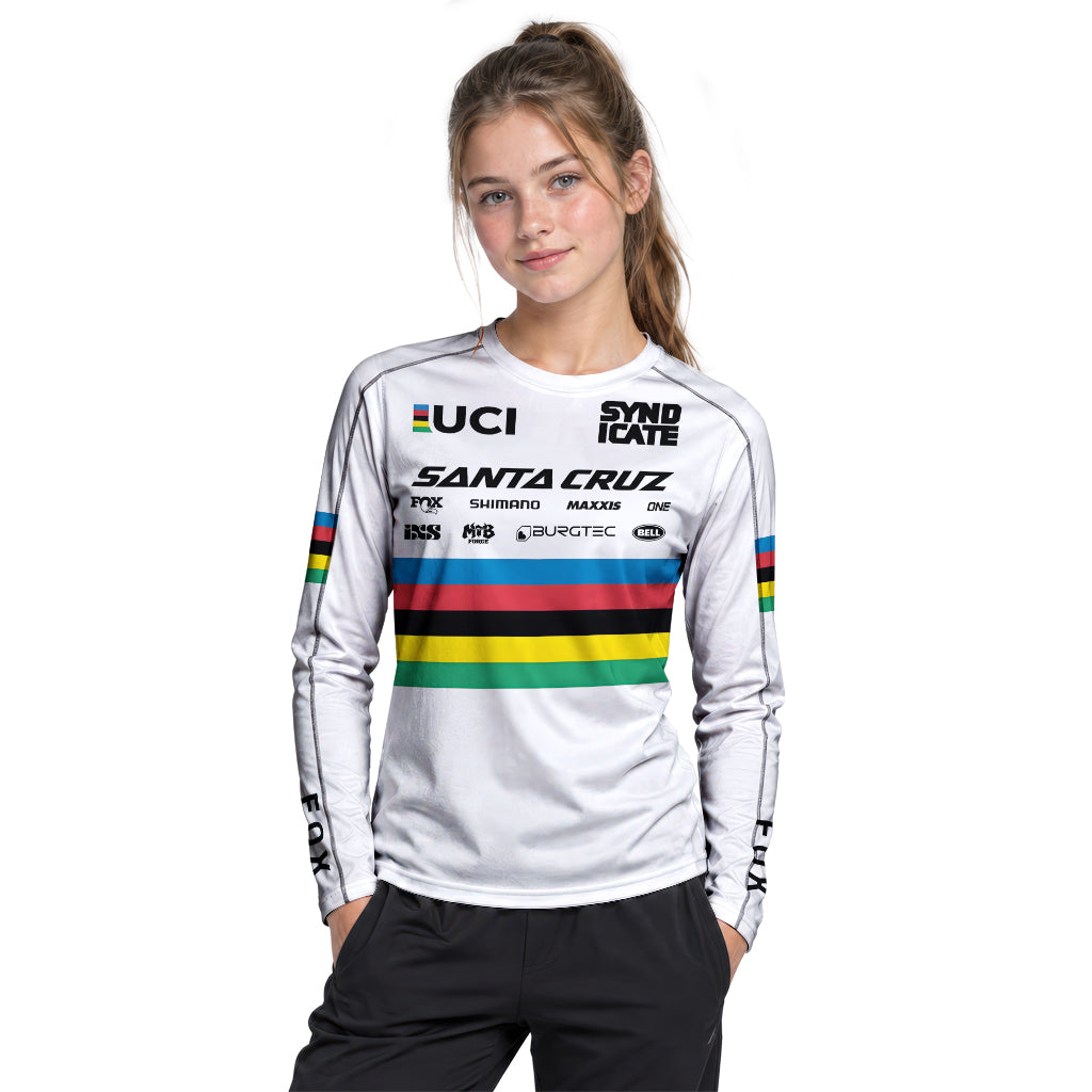 Jackson Goldstone Santa Cruz World Champion Downhill Youth Long Sleeve Mountain Bike Jersey – Girl Lifestyle View