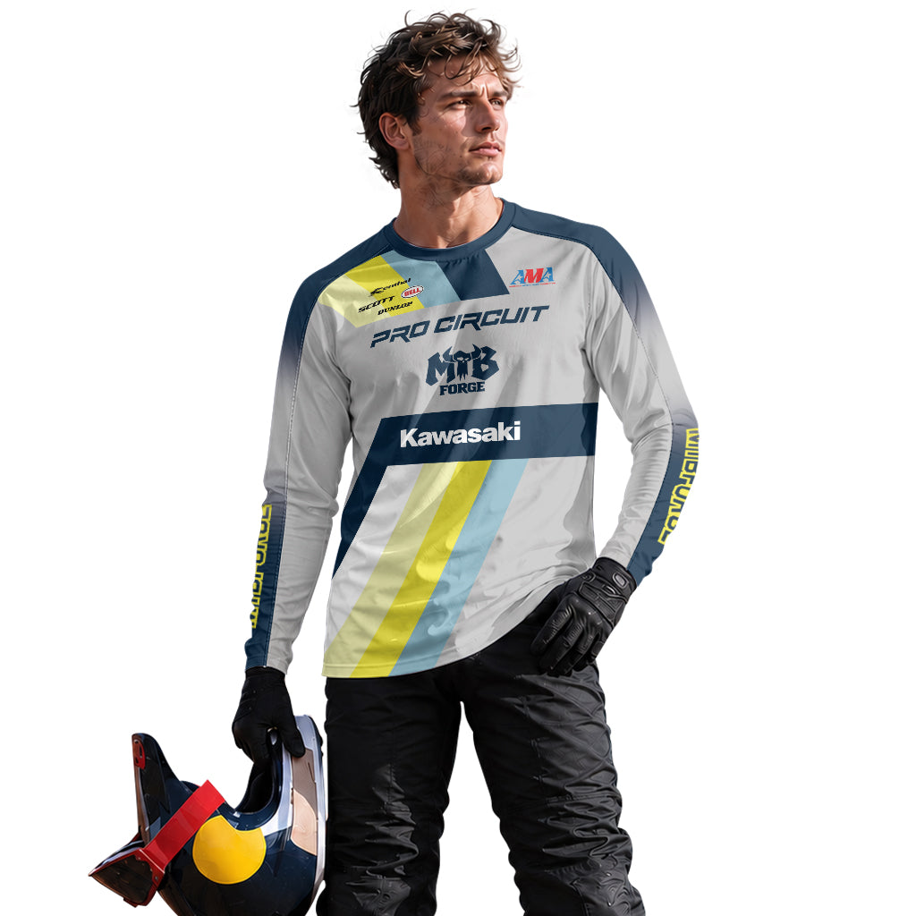 Kawasaki Pro Circuit 24 Blue Gray Long Sleeve Motocross Jersey – Lifestyle View