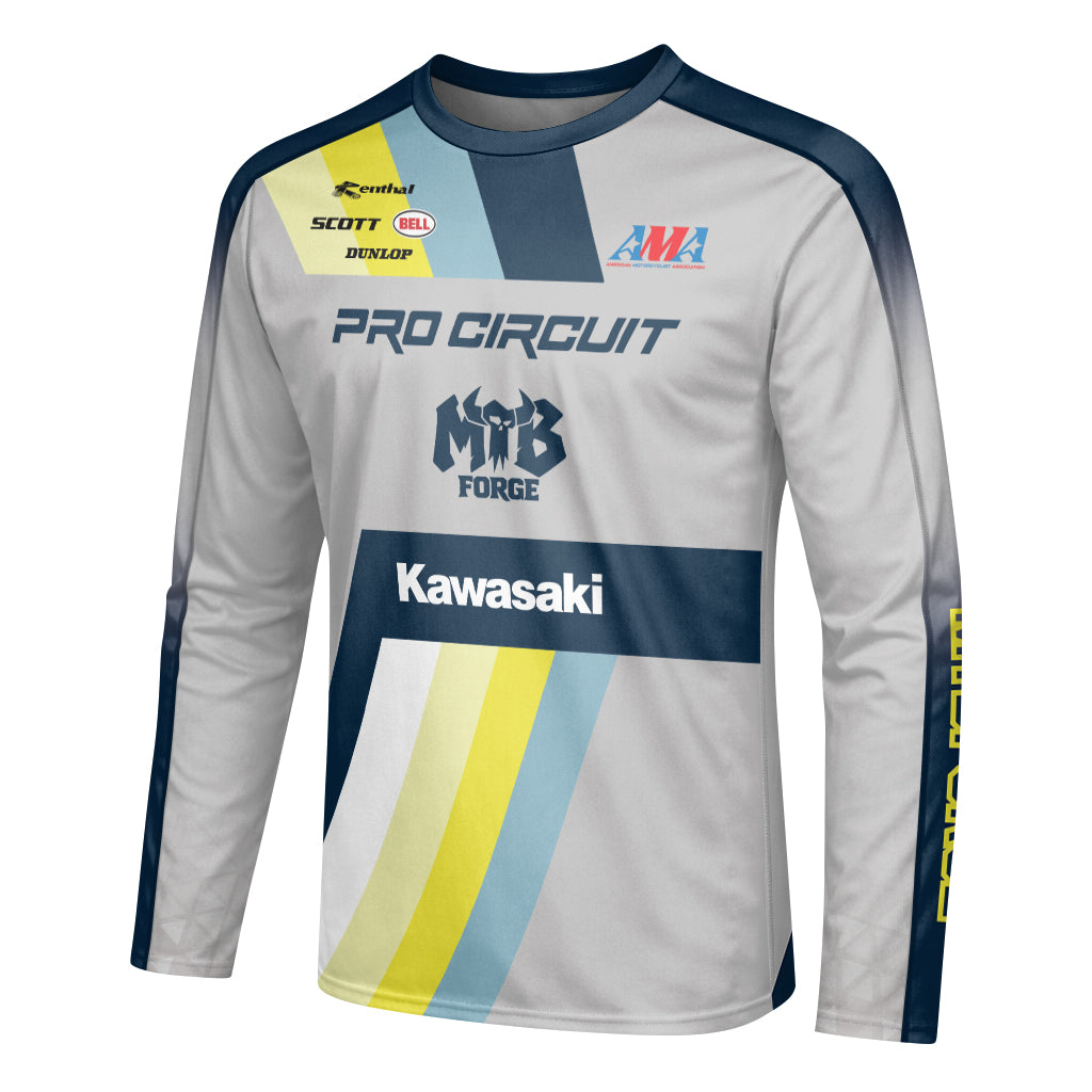 Kawasaki Pro Circuit 24 Blue Gray Long Sleeve Motocross Jersey – Left Side View Mockup