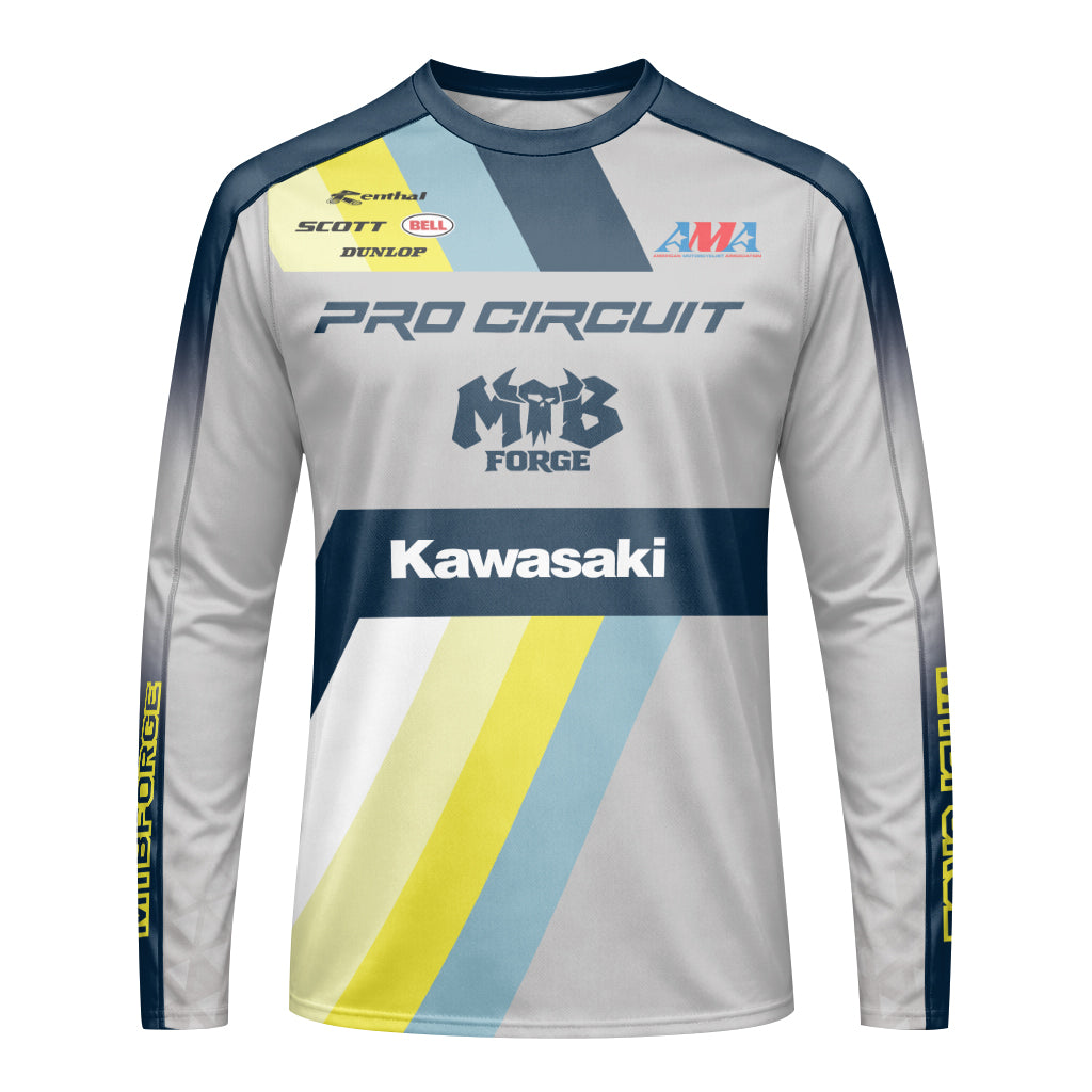 Kawasaki Pro Circuit 24 Blue Gray Youth Long Sleeve Motocross Jersey – Front View Mockup