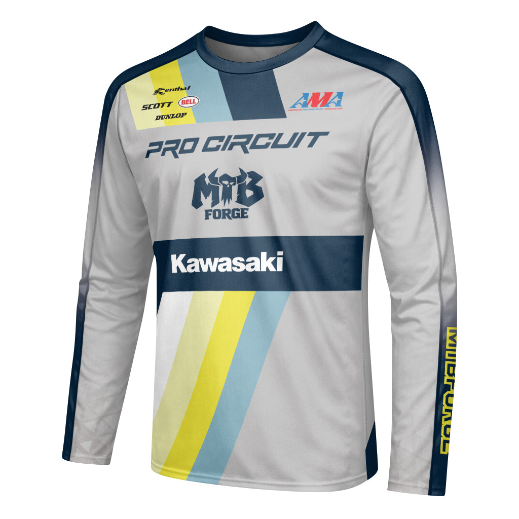 Kawasaki Pro Circuit 24 Blue Gray Youth Long Sleeve Motocross Jersey – Left Side View Mockup