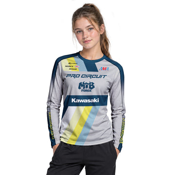 Kawasaki Pro Circuit 24 Blue Gray Youth Long Sleeve Motocross Jersey – Girl Lifestyle View