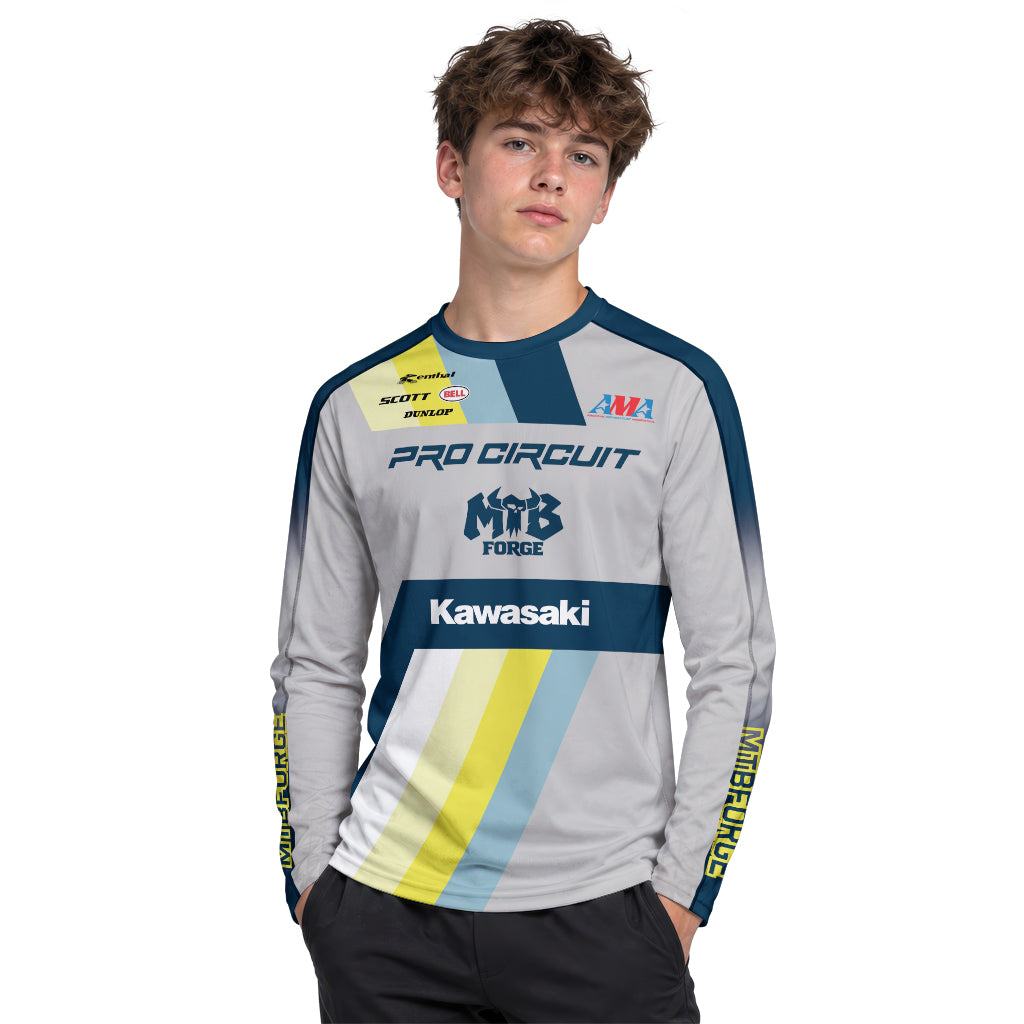 Kawasaki Pro Circuit 24 Blue Gray Youth Long Sleeve Motocross Jersey – Boy Lifestyle View