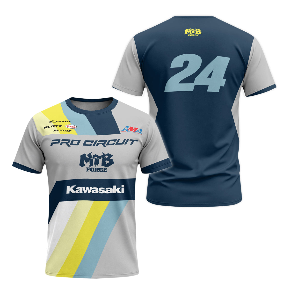 Kawasaki Pro Circuit 24 Blue Gray Youth Short Sleeve Motocross Jersey – Front and Back View