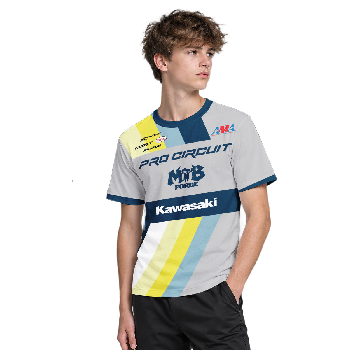 Kawasaki Pro Circuit 24 Blue Gray Youth Short Sleeve Motocross Jersey – Boy Lifestyle View