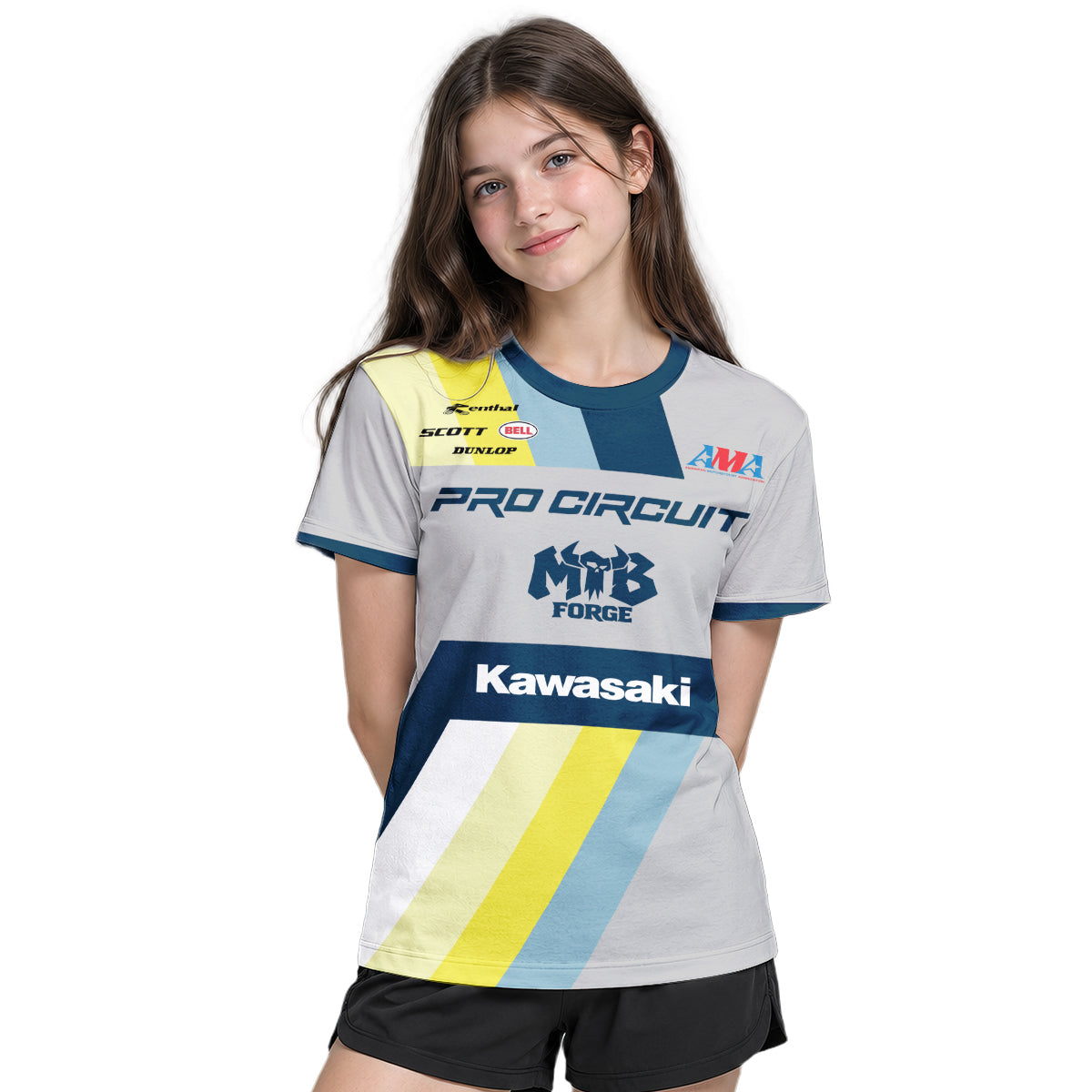 Kawasaki Pro Circuit 24 Blue Gray Youth Short Sleeve Motocross Jersey – Girl Lifestyle View