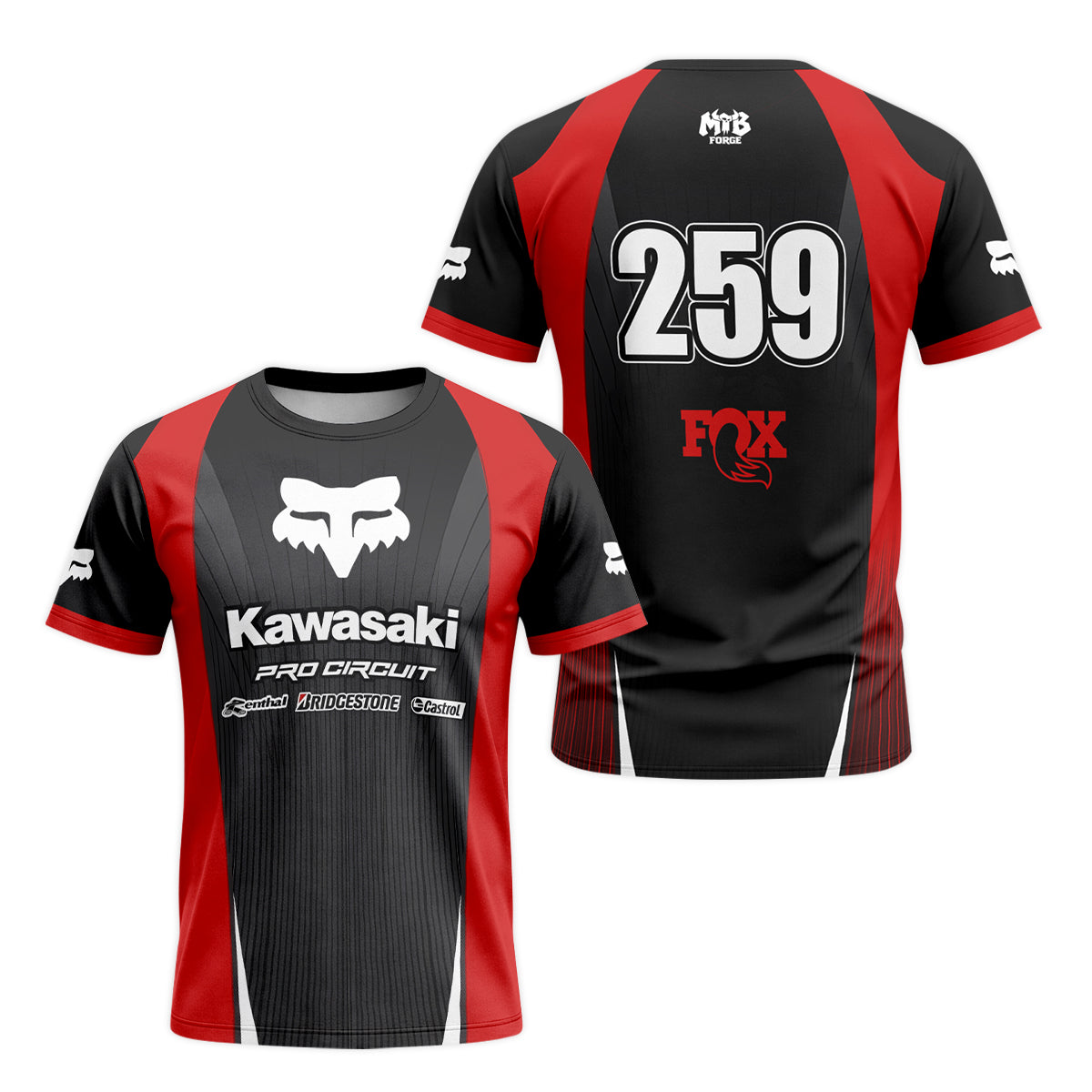 Kawasaki Pro Circuit 259 Black Red Short Sleeve Motocross Jersey - front and back view
