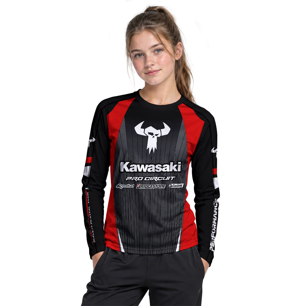 Kawasaki Pro Circuit 259 Black Red Youth Long Sleeve Motocross Jersey – Girl Lifestyle View