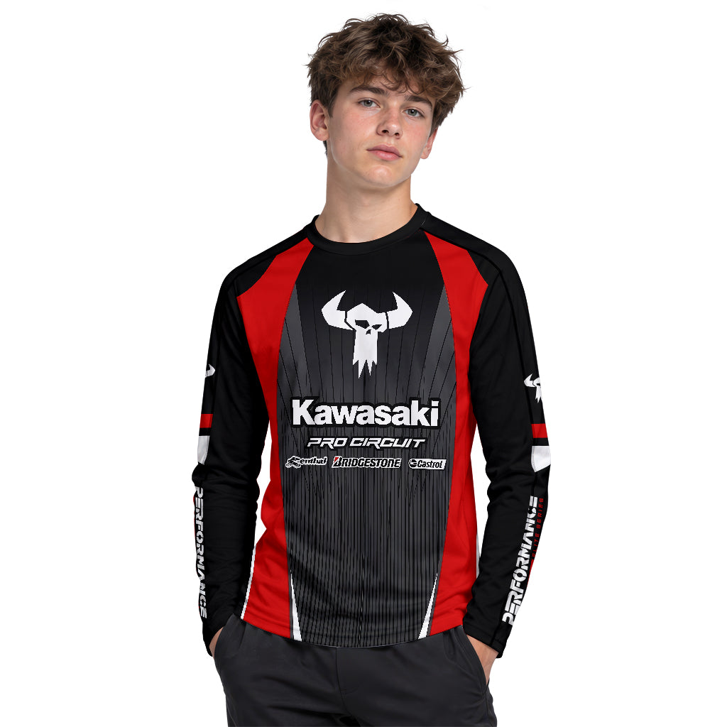 Kawasaki Pro Circuit 259 Black Red Youth Long Sleeve Motocross Jersey – Boy Lifestyle View