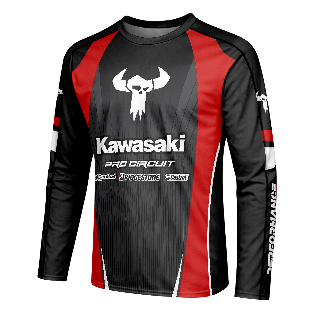Kawasaki Pro Circuit 259 Black Red Youth Long Sleeve Motocross Jersey – Left Side View Mockup