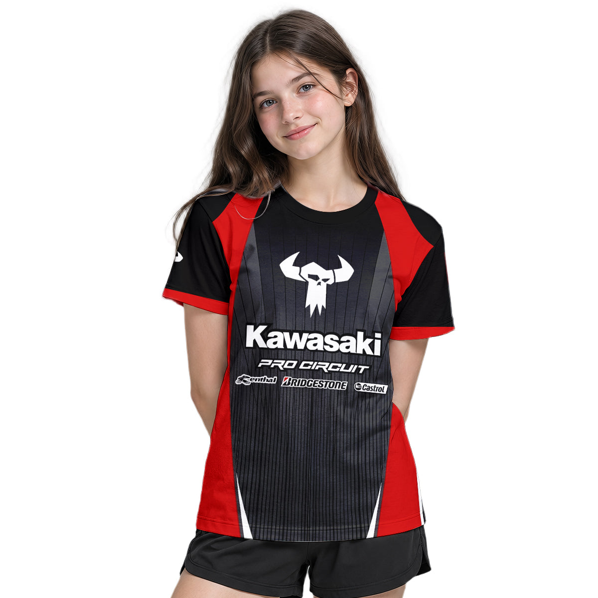 Kawasaki Pro Circuit 259 Black Red Youth Short Sleeve Motocross Jersey – Girl Lifestyle View