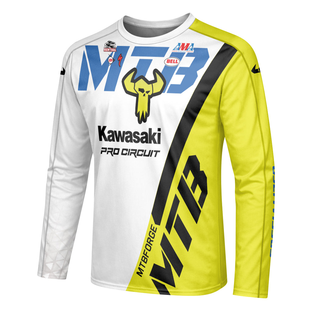 Kawasaki Pro Circuit 37 Neon Yellow White Long Sleeve Motocross Jersey – Left Side View Mockup