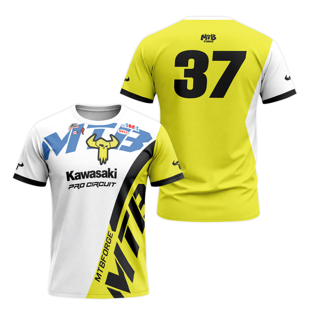 Kawasaki Pro Circuit 37 Neon Yellow White Short Sleeve Motocross Jersey – Front and Back View