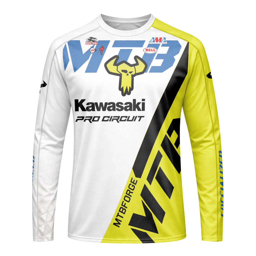Kawasaki Pro Circuit 37 Neon Yellow White Youth Long Sleeve Motocross Jersey – Front View Mockup