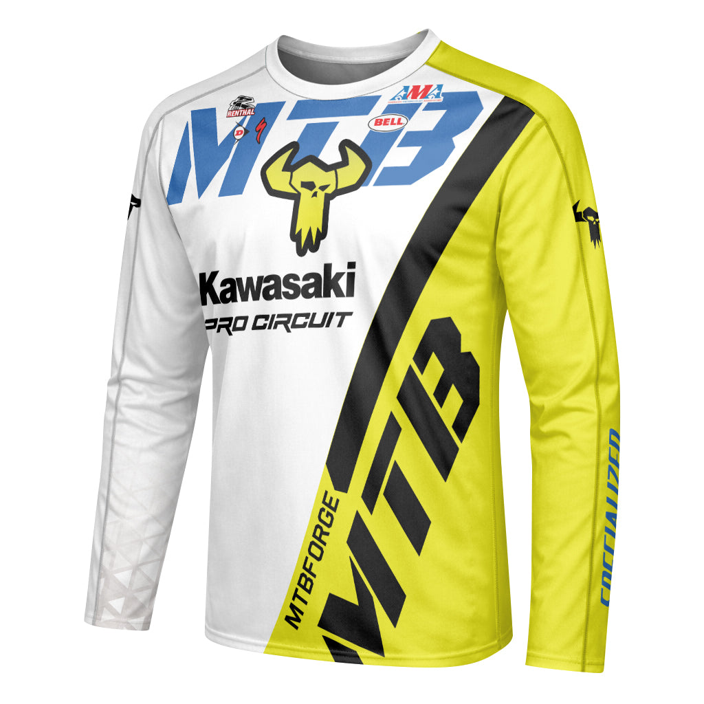 Kawasaki Pro Circuit 37 Neon Yellow White Youth Long Sleeve Motocross Jersey – Left Side View Mockup