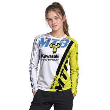 Kawasaki Pro Circuit 37 Neon Yellow White Youth Long Sleeve Motocross Jersey – Girl Lifestyle View