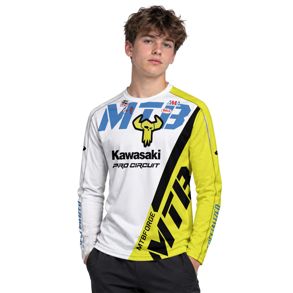 Kawasaki Pro Circuit 37 Neon Yellow White Youth Long Sleeve Motocross Jersey – Boy Lifestyle View