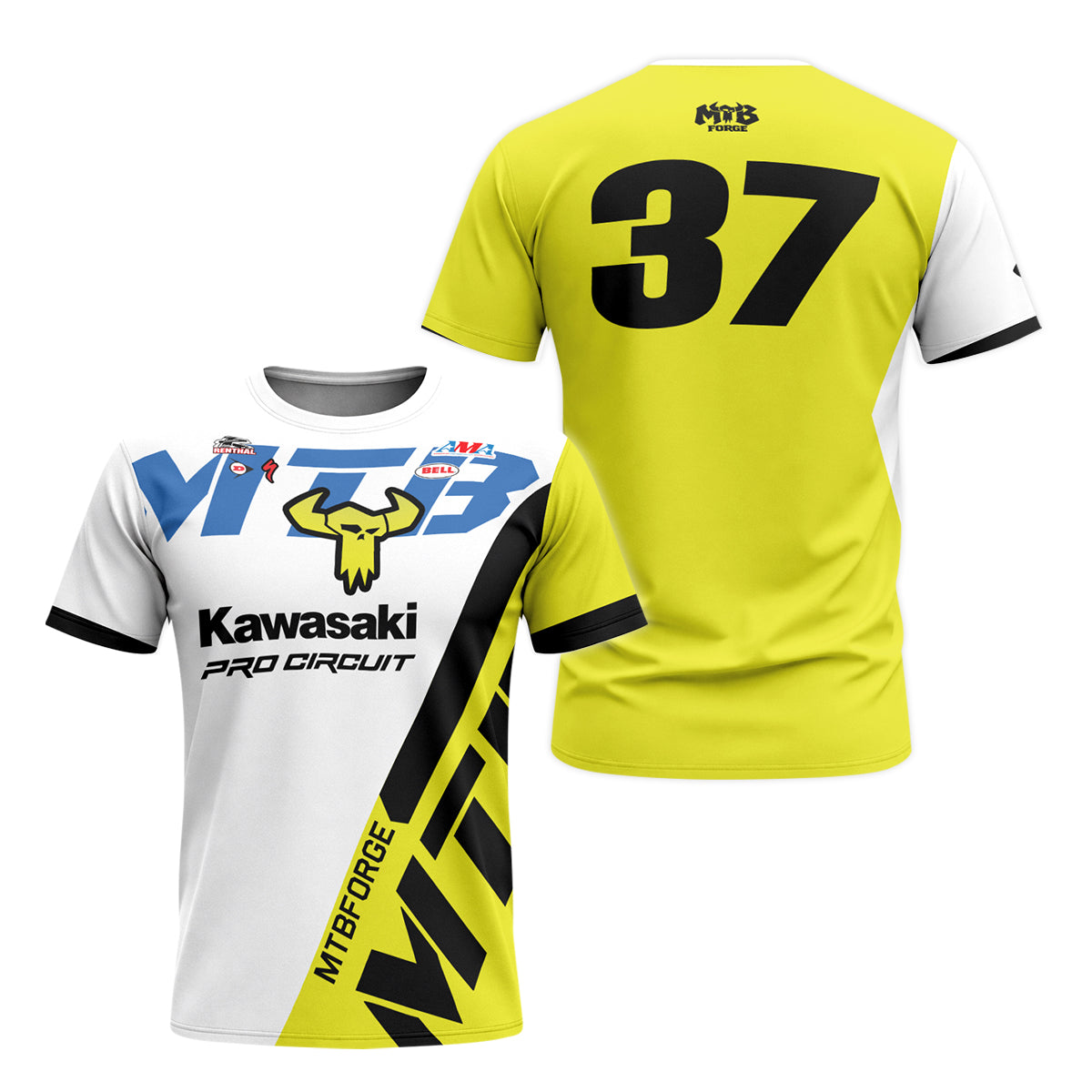 Kawasaki Pro Circuit 37 Neon Yellow White Youth Short Sleeve Motocross Jersey – Front and Back View