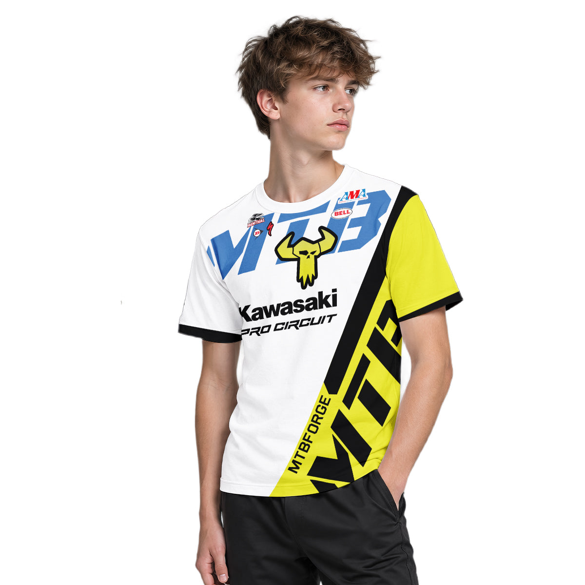 Kawasaki Pro Circuit 37 Neon Yellow White Youth Short Sleeve Motocross Jersey – Boy Lifestyle View