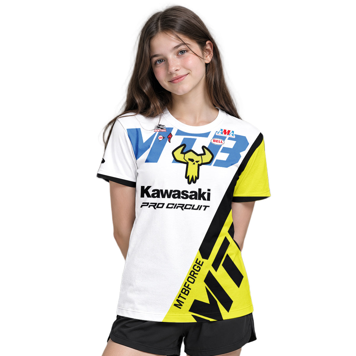 Kawasaki Pro Circuit 37 Neon Yellow White Youth Short Sleeve Motocross Jersey – Girl Lifestyle View
