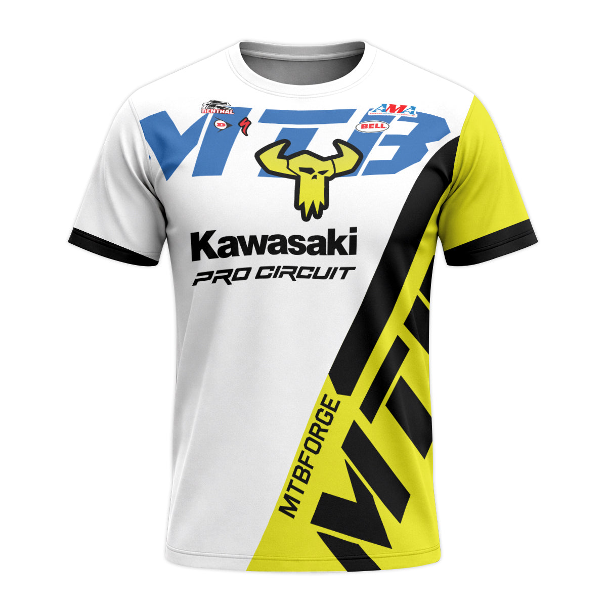 Kawasaki Pro Circuit 37 Neon Yellow White Youth Short Sleeve Motocross Jersey – Front View Mockup