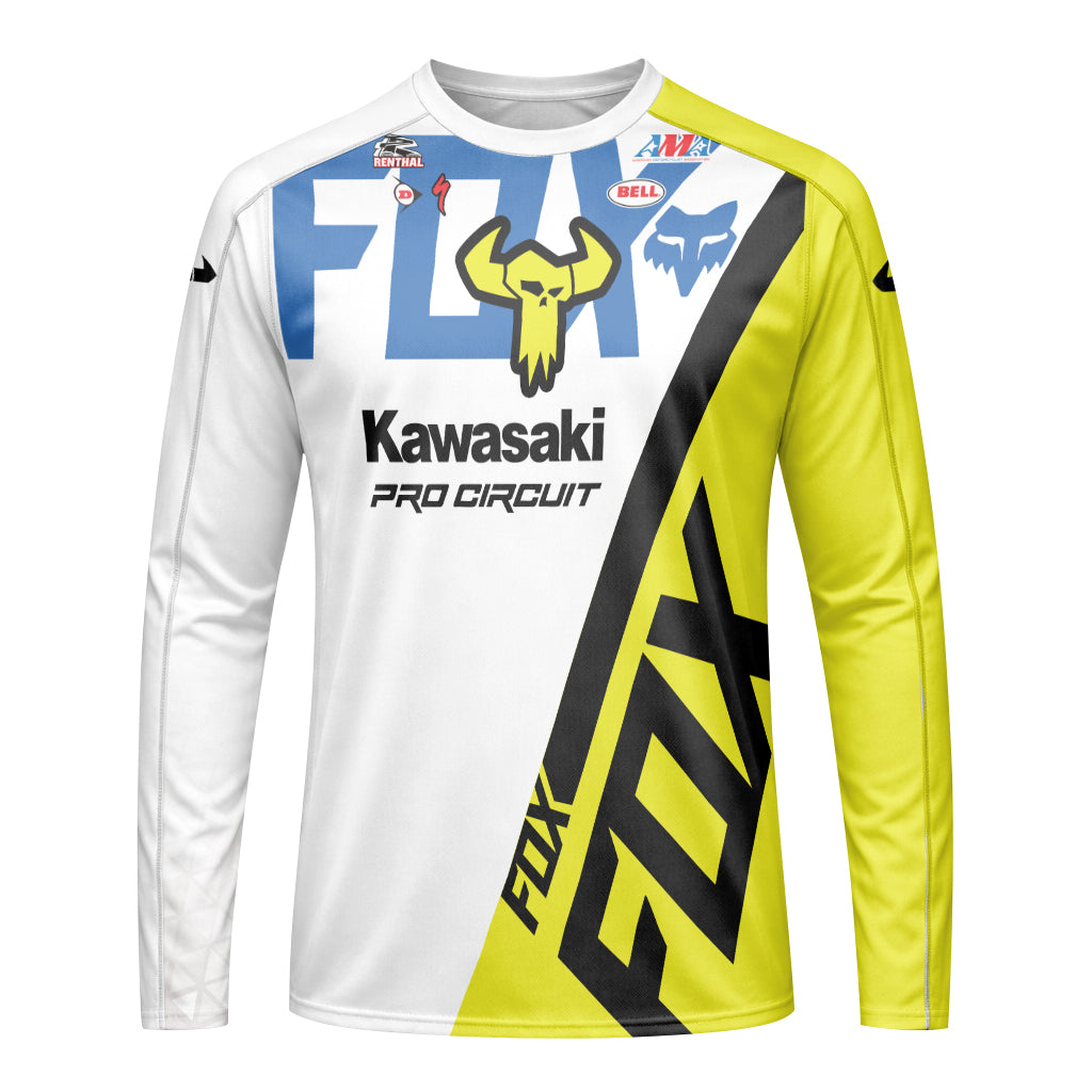 Kawasaki Pro Circuit 37 Yellow White Black Long Sleeve Motocross Jersey - front view mockup