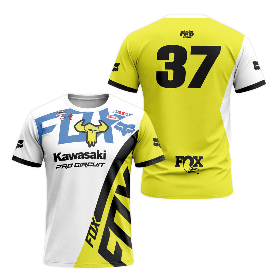 Kawasaki Pro Circuit 37 Yellow White Black Short Sleeve Motocross Jersey - front and back view