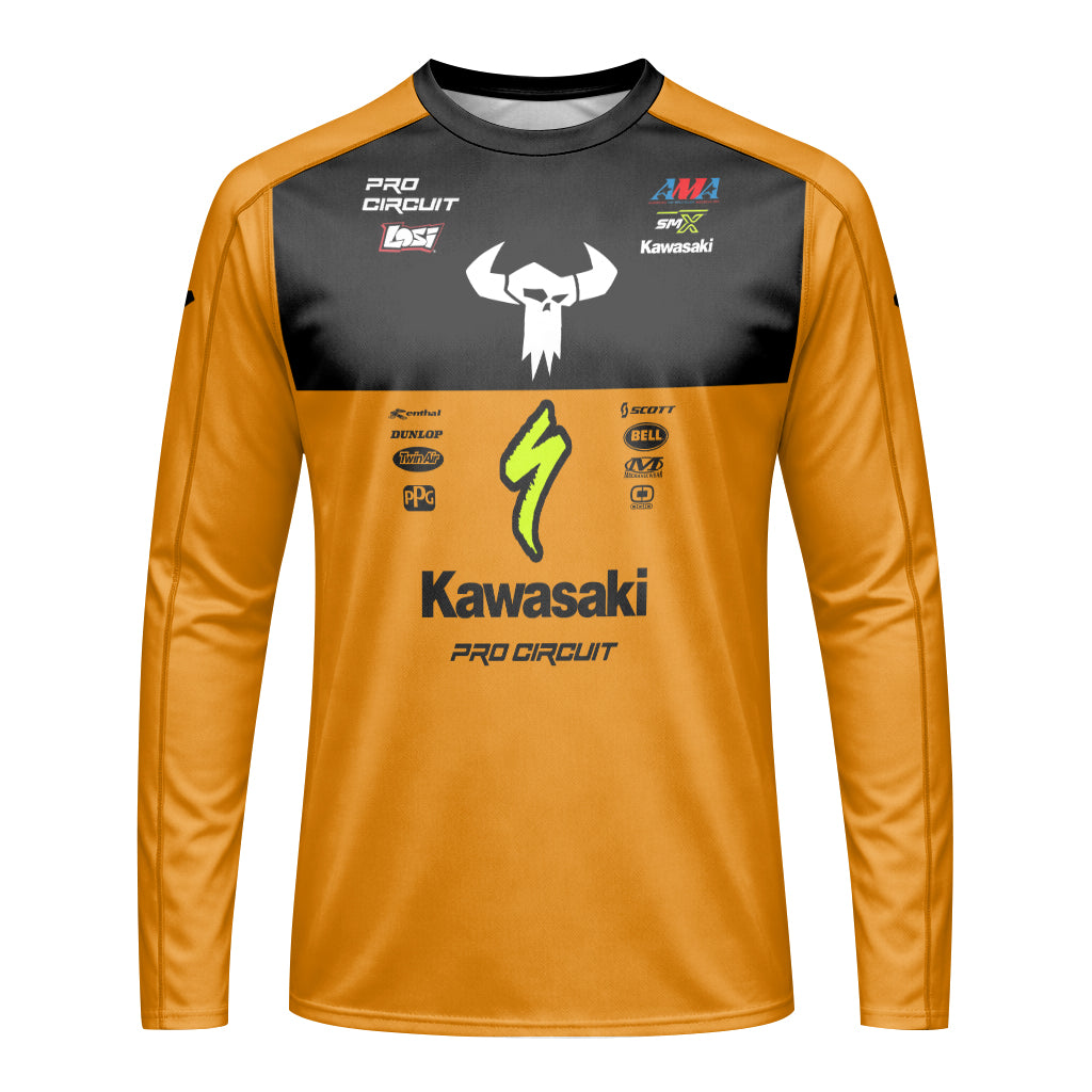 Kawasaki Pro Circuit 92 Black Orange Long Sleeve Motocross Jersey – Front View Mockup