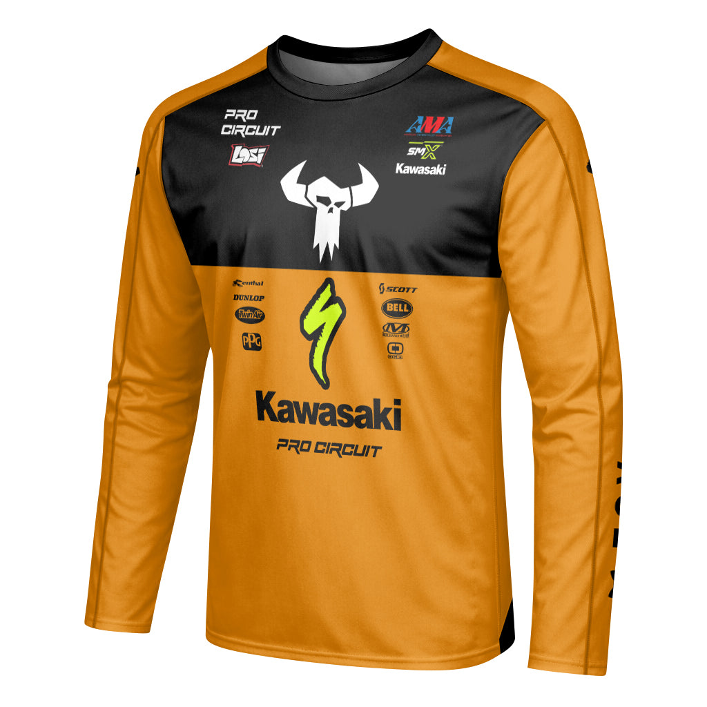 Kawasaki Pro Circuit 92 Black Orange Long Sleeve Motocross Jersey – Left Side View Mockup