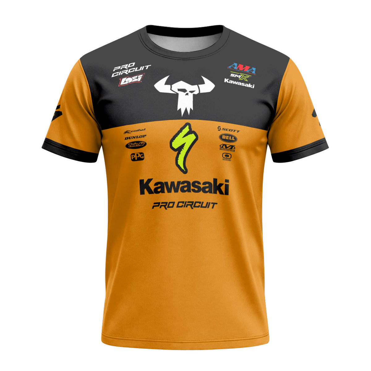 Kawasaki Pro Circuit 92 Black Orange Short Sleeve Motocross Jersey – Front View Mockup