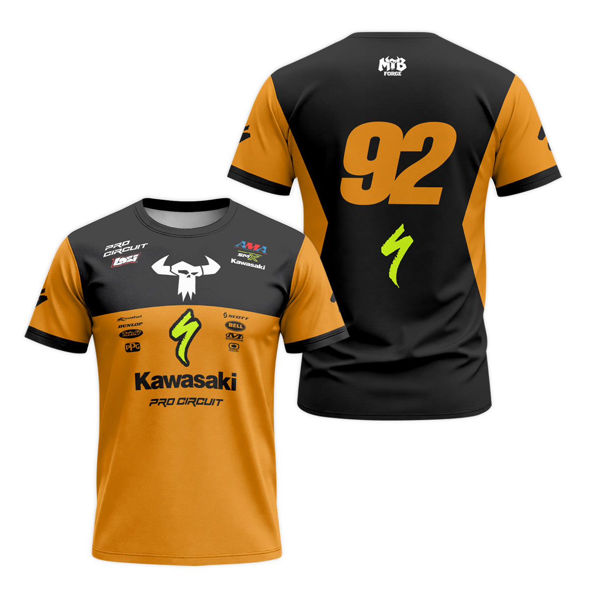 Kawasaki Pro Circuit 92 Black Orange Short Sleeve Motocross Jersey – Front and Back View
