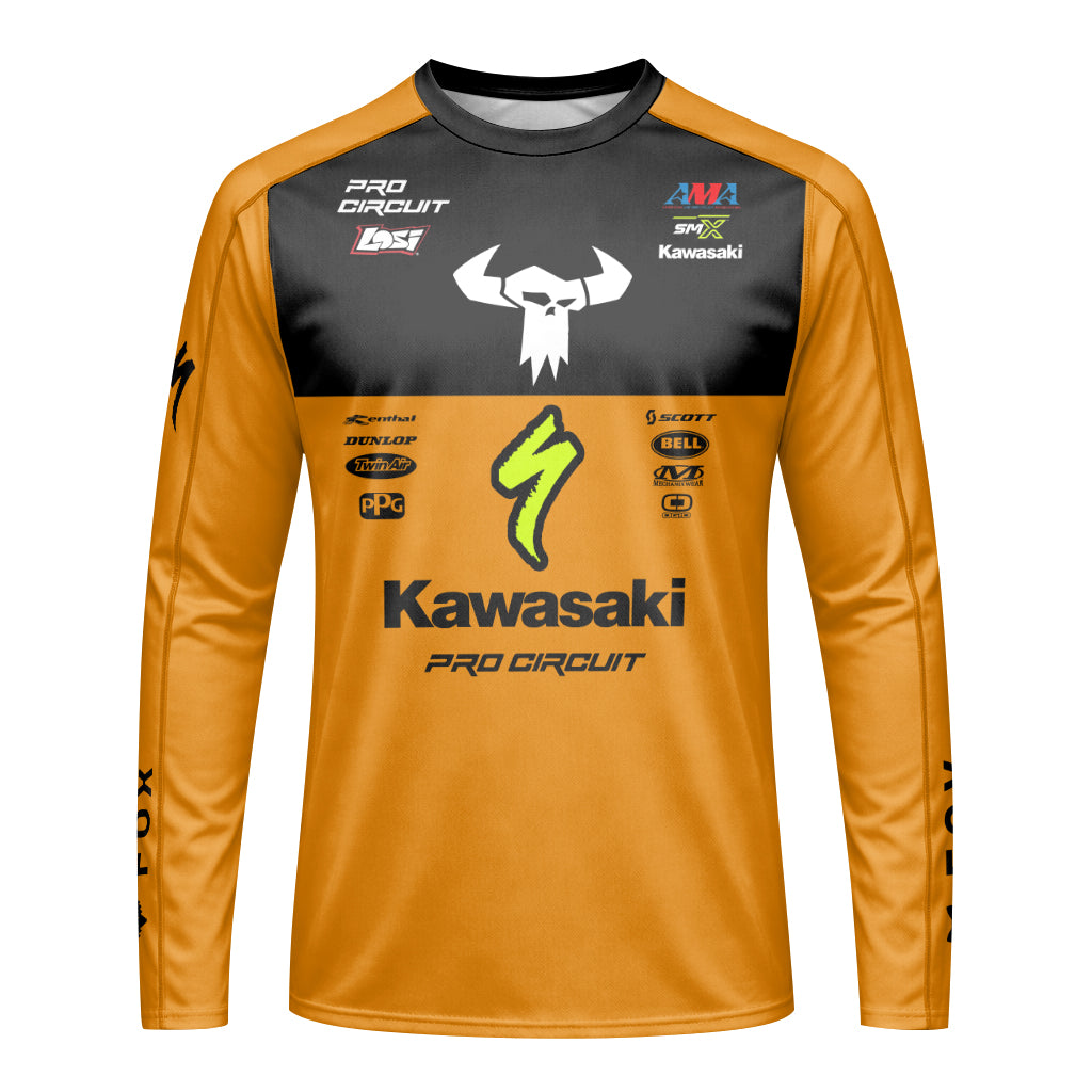 Kawasaki Pro Circuit 92 Black Orange Youth Long Sleeve Motocross Jersey – Front View Mockup