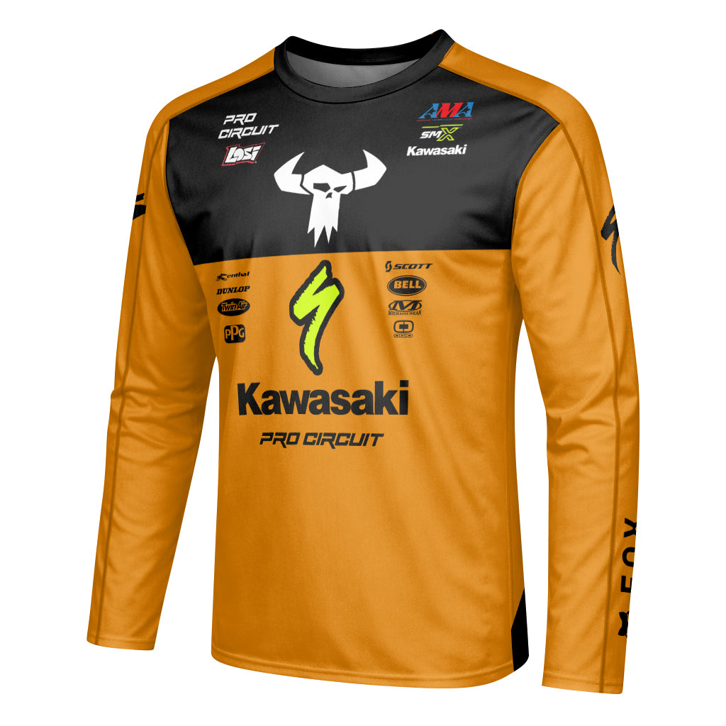 Kawasaki Pro Circuit 92 Black Orange Youth Long Sleeve Motocross Jersey – Left Side View Mockup