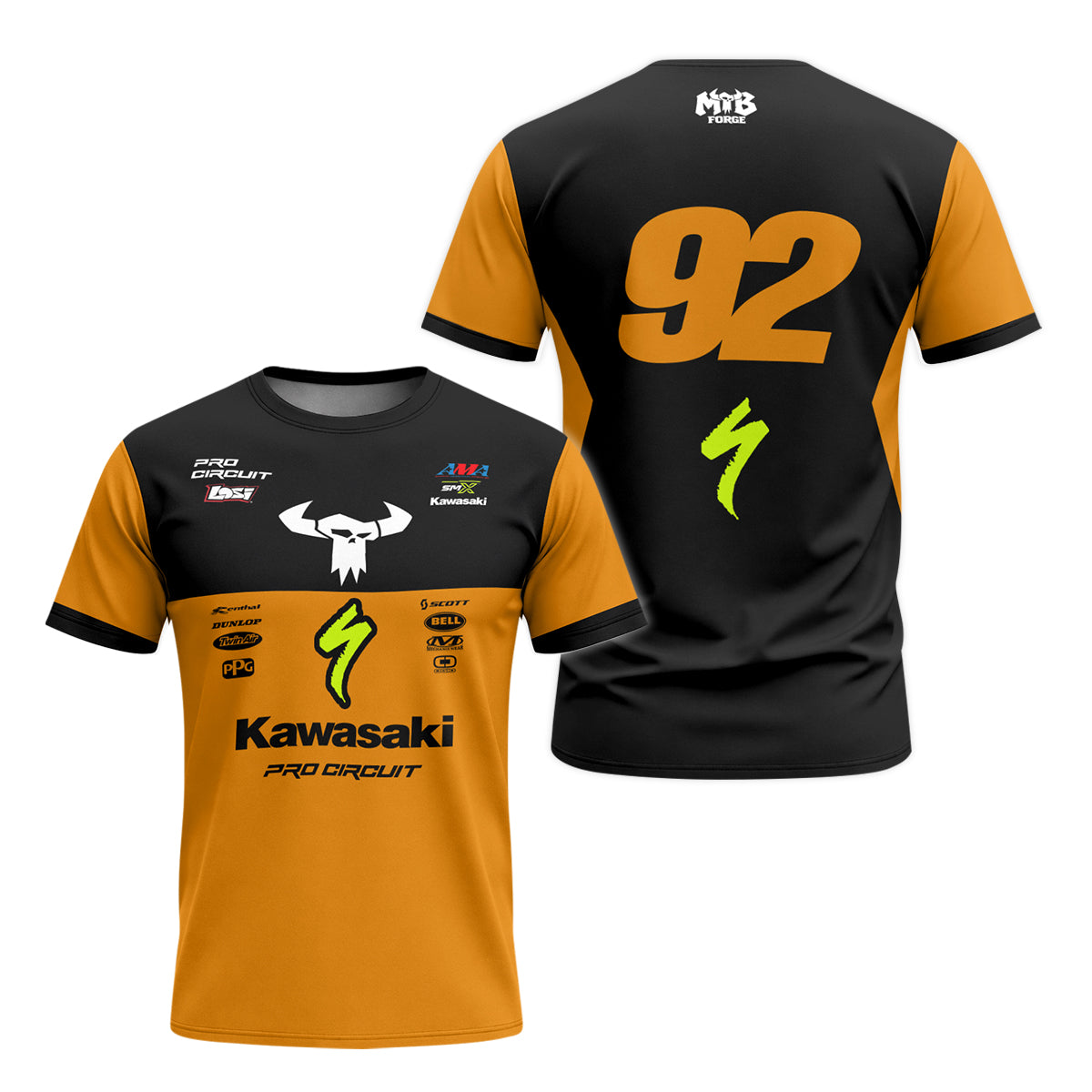 Kawasaki Pro Circuit 92 Black Orange Youth Short Sleeve Motocross Jersey – Front and Back View