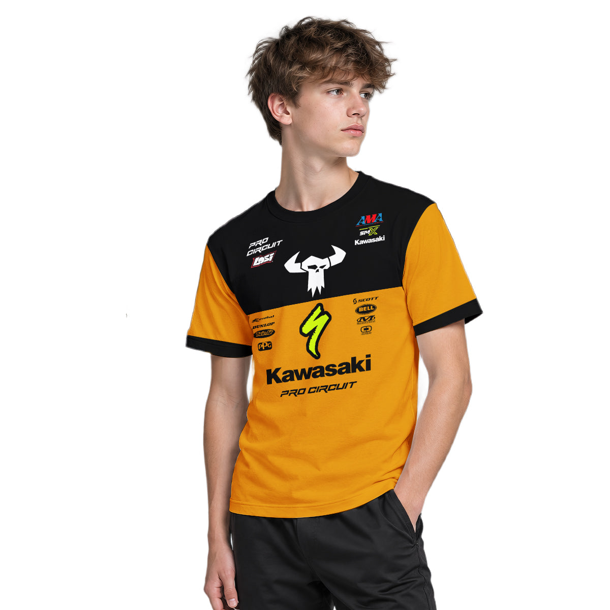 Kawasaki Pro Circuit 92 Black Orange Youth Short Sleeve Motocross Jersey – Boy Lifestyle View