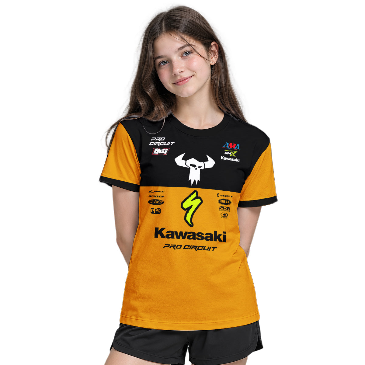 Kawasaki Pro Circuit 92 Black Orange Youth Short Sleeve Motocross Jersey – Girl Lifestyle View